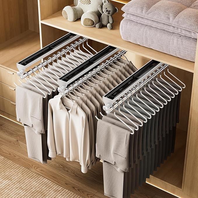 2 Pack Pull Out Closet Rod, 13.7inch Heavy Duty Pants Rack, Adjustable Clothes Hanger Rail, Space Aluminum Valet Rod, Top Mounted Wardrobe Clothes Organizer, Closet Storage for Trousers Coats White