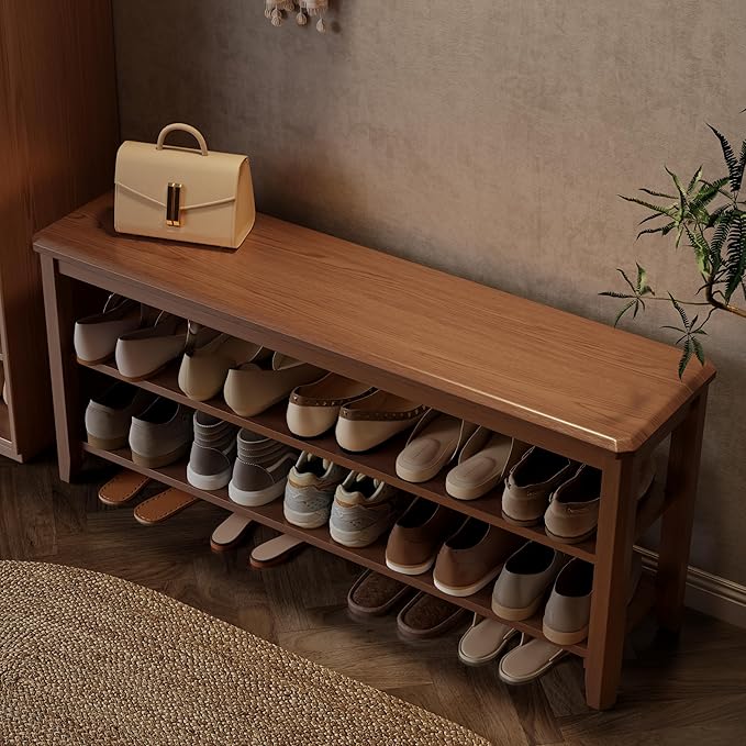AQIMUELE Wood Shoe Rack Bench for Entryway, 2 Tier Shoe Rack for Front Door Entrance, Shoe Bench with Shoe Storage for Entryway, Bedroom, 47.2"
