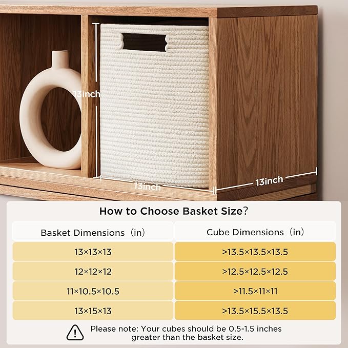 UBBCARE Set of 4 Storage Basket-13 X 13 X 13 in, Cotton Rope Basket for Shelves, Toys, Book, Cube Storage Bins with Handles, Woven Storage Basket for Organizing, White/Grey
