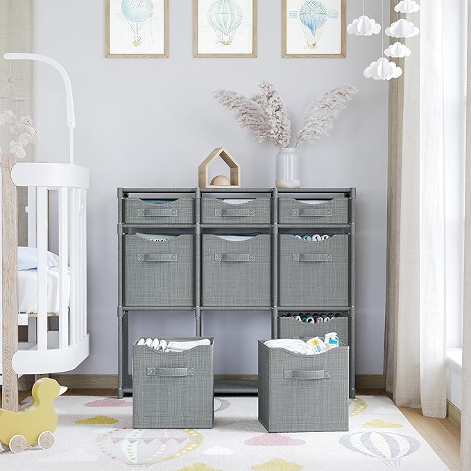 9 Cube Storage Organizer With Bins Included - Closet Storage With 9 Storage Bins - Easy To Assemble Storage Unit With Drawers - Closet Organization For Clothes, Bedroom, Nursery, & Toys (Light Grey)