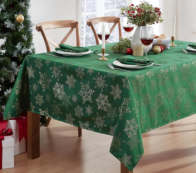 Newbridge Fancy Metallic Snowflake Christmas Fabric Tablecloth, 52 x 70 Inch Rectangle, Hunter Gold, No-Iron Soil Resistant Sparkling Snowflakes Woven Holiday Table Cover