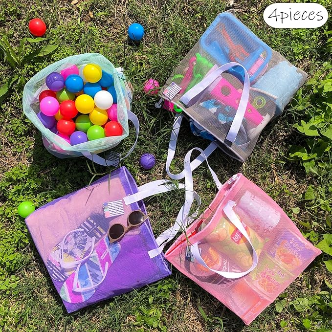 4Pieces Cute Mesh Pool Tote Bags,Mesh Beach Bags With Drawsting For Swim,Travel,Party