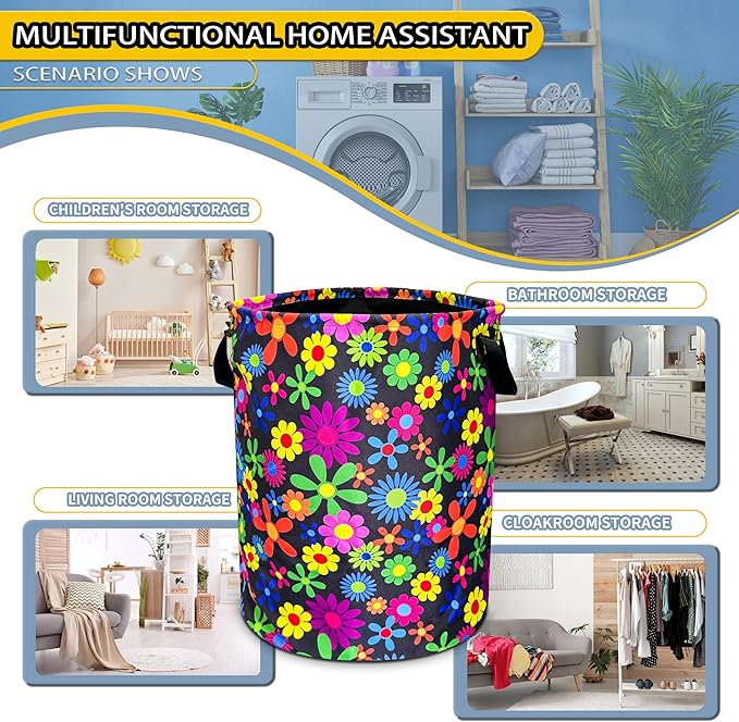 Color Hippie Flowers Laundry Basket Folk Art Flowers Foldable Oxford Cloth Funny Tote Bag Laundry Hamper Clothes Storage Bucket Toy Organizer For Bathroom/Laundry/Bedroom 18.9x16.5 In