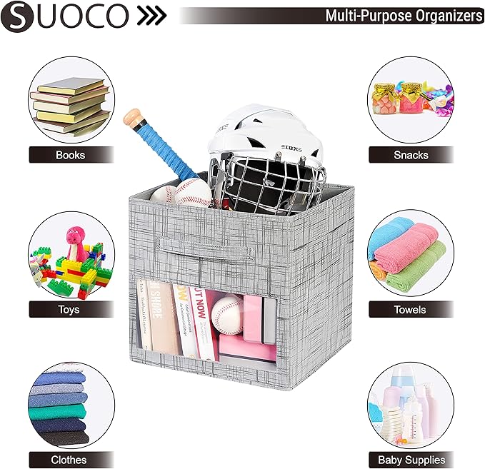 SUOCO Cube Storage Bins with Clear Window, Foldable Fabric Baskets Boxes for Shelf Closet Organizer, Nursery and Kids Room, 8 Pack, Grey