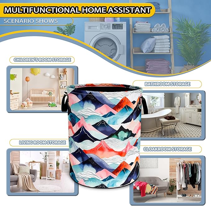 Mountains Waves Laundry Basket Colored Mountain Foldable Oxford Cloth Funny Tote Bag Laundry Hamper Clothes Storage Bucket Toy Organizer For Bathroom/Laundry Storage/Bedroom 18.9x16.5 In