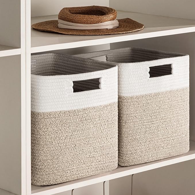 UBBCARE Set of 4 Storage Basket-12 X 12 X 12 in, Cotton Rope Basket for Shelves, Toys, Book, Cube Storage Bins with Handles, Woven Storage Basket for Organizing, White Brown