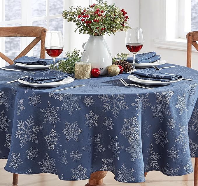 Newbridge Fancy Metallic Snowflake Christmas Fabric Tablecloth, 60 x 84 Inch Oval, Navy Silver, No-Iron Soil Resistant Sparkling Snowflakes Woven Holiday Table Cover