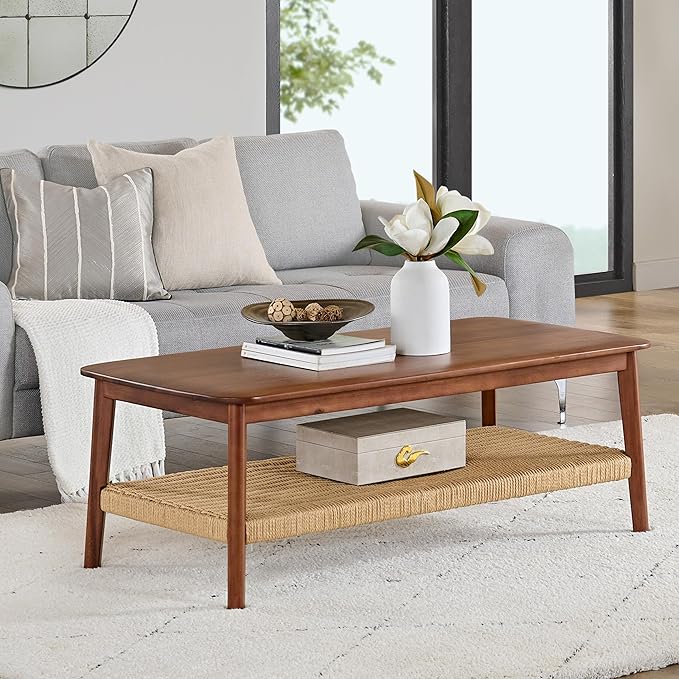 Alaterre Furniture Calais Coffee Table - 48-Inch Living Room Table with Woven Shelf - Solid Acacia Wood Coffee Table (Warm Chestnut)