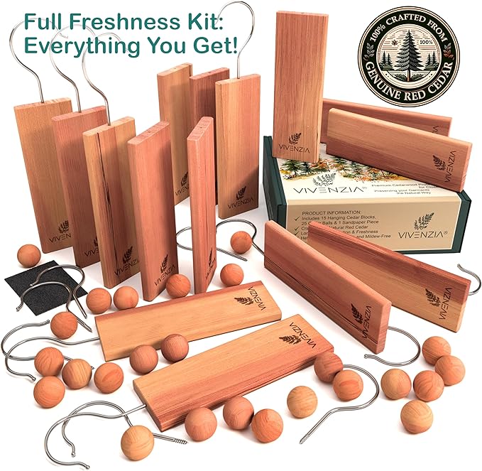 Cedar Blocks for Closet -40 pcs (15 Hang-ups & 25 Balls)- Aromatic Cedar for Closets, Natural Closet Smell Eliminator, Natural Closet Deodorizer, Drawer Fresheners for Dresser.