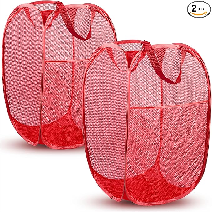 DUCOO Pop Up Hamper, 2 PCS Mesh Pop Up Laundry Hamper, Foldable Mesh Laundry Basket with Space Saving Design for Home, Dorm, Travel and Storage, Red