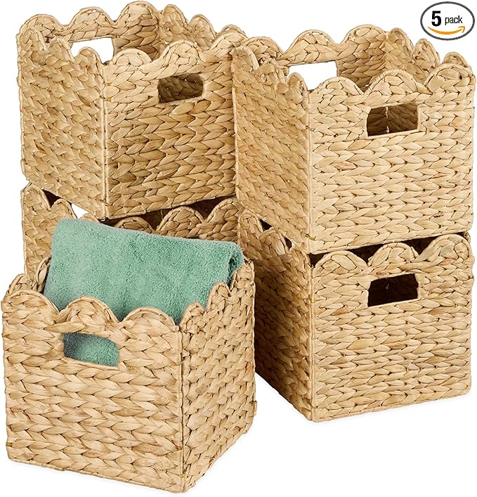 Best Choice Products 13 x 13in Scalloped Hyacinth Baskets, Rustic Set Of 5 Multipurpose Collapsible Storage Organizer, Handwoven Laundry Totes for Bedroom, Living Room, Shelves - Natural