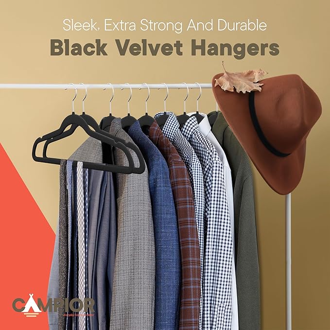 Black Velvet Hangers 100 Pack – 360° Swivel Hook, Non-Slip and Space Saving Hangers, Heavy-Duty 11 lbs Weight Capacity - Smooth Velvet Finish for Crease-Free Clothes and Effortless Closet Organization