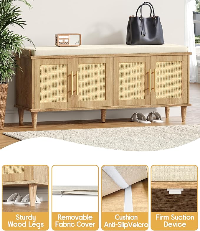 Rattan Shoe Storage Bench with Cushion, 2-Tier Entryway Bench with Adjustable Shelves and 4 Doors, 15" D x 47.2" W x 20" H, Solid Wood Legs, for Hallway, Living Room, Bedroom, Natural Oak