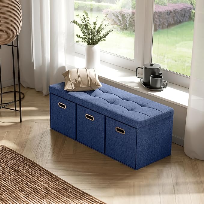 Ornavo Home Storage Ottoman with 3 Drawers, 40 Inches Long Foldable Tufted Linen Large Bench Ottoman with Storage, Foot Rest Stool Seat, for Living Room, Bedroom, Entryway, Navy Blue