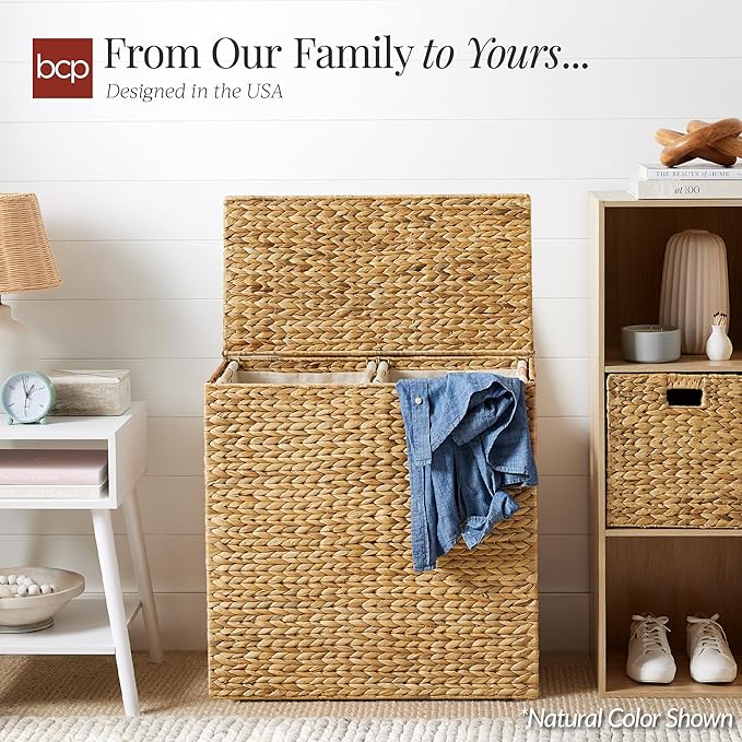 Best Choice Products Large Double Laundry Hamper with Lid, Natural Handwoven Water Hyacinth, 2 Sections w/ 2 Machine Washable Linen Liner Bags, Portable, Handles - Whitewash