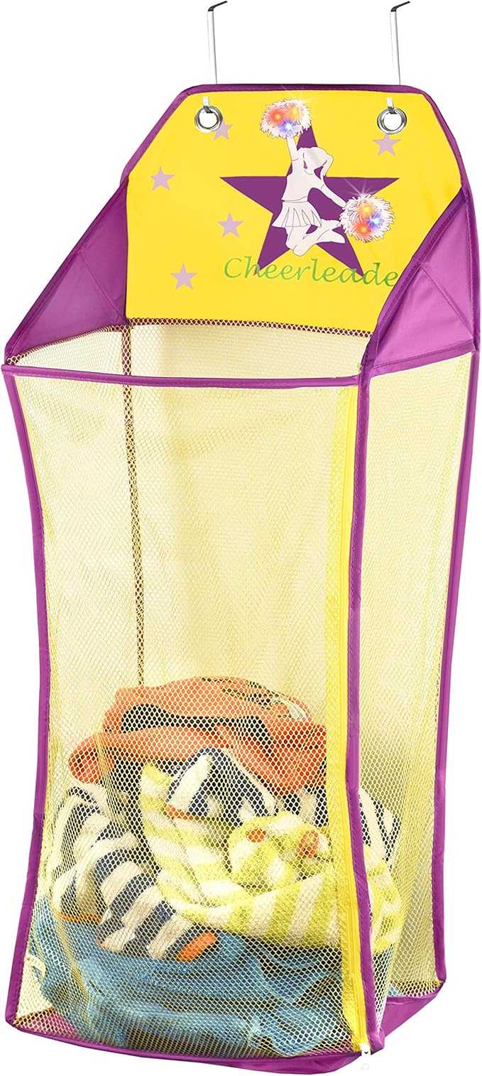 Store & Score Over The Door Hanging Kids Fun LED Cheerleader Light-Up Collapsible Mesh Laundry Hamper, Toy Chest, Heavy Duty Metal Hooks Included. Patent Pending.