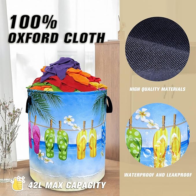 Hawaii Beach Flip Flops Laundry Basket Seaside Foldable Oxford Cloth Funny Tote Bag Laundry Hamper Clothes Storage Bucket Toy Organizer For Bathroom/Laundry Storage/Bedroom 18.9x16.5 Inch