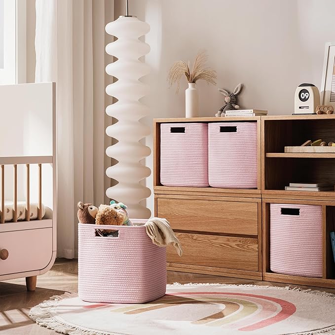 UBBCARE Set of 4 Storage Basket-12 X 12 X 12 in, Cotton Rope Basket for Shelves, Toys, Book, Cube Storage Bins with Handles, Woven Storage Basket for Organizing, Pink