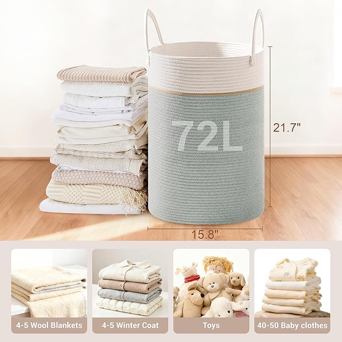 Tall Laundry Basket with Handles, 72L Portable Dirty Clothes Hamper, Boho Cotton Rope Storage Bin for Blankets Kids Toys Gifts, Large Organizer for Baby Nursery Bedroom Bathroom, Sage Green