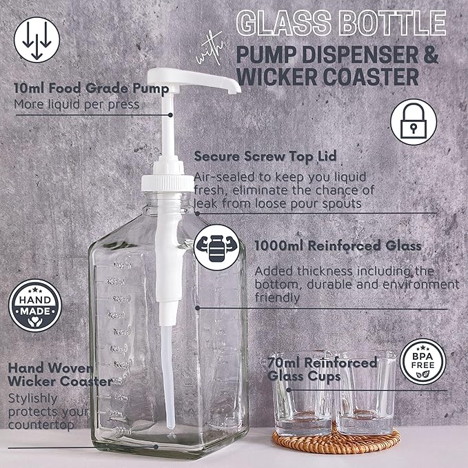 eBun 37oz Glass Mouthwash Pump Dispenser with Cups for Bathroom - Guest Bathroom Essentials, Mouthwash Container, Mouthwash Bottle, Easy Reach Mouthwash Pump Dispenser, Mouthwash Decanter