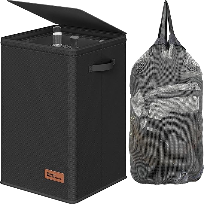 Simple Houseware Foldable Laundry Hamper Basket with Lid and Removable Bag, Black