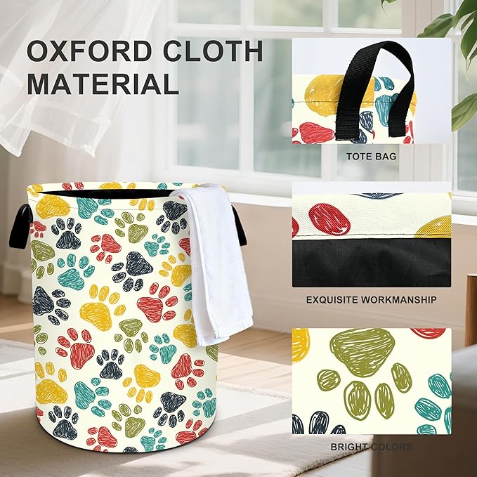 Paw Print Laundry Basket Storage Bin Foldable Laundry Hamper Clothes Storage Bucket Organizer 19.6x15.7 Inch For Laundry Room/Bedroom/Bathroom