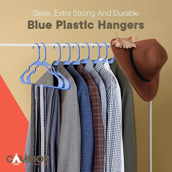 Plastic Clothes Hangers – Heavy Duty Hanger Set, for Organizing Clothes, Dresses, and Coat, Holds Up to 5 lbs, Space-Saving Hangers with Non-Slip Shoulder Grooves, Pack of 10, Blue