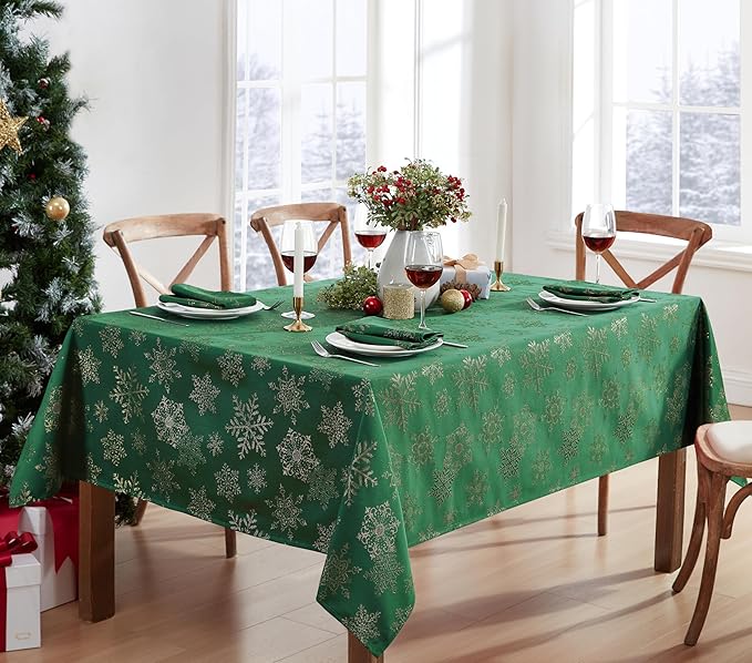 Newbridge Fancy Metallic Snowflake Christmas Fabric Tablecloth, 60 x 84 Inch Rectangle, Hunter Gold, No-Iron Soil Resistant Sparkling Snowflakes Woven Holiday Table Cover