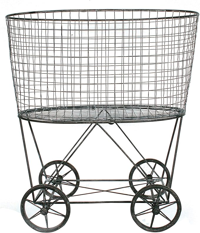 Creative Co-op Vintage Metal Laundry Basket with Wheels 25" x 15" x 26 3/4" (W x D x H)