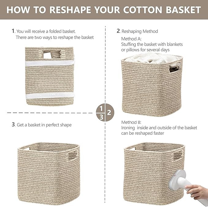 UBBCARE Set of 4 Storage Basket-13 X 13 X 13 in, Cotton Rope Baskets for Shelves, Toys, Book, Cube Storage Bins with Handles, Woven Storage Basket for Organizing, Mix-Brown