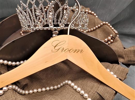 NAHANCO G20017WBENG Bridal Hanger, Natural Wood Suit Hanger Engraved with (Groom), 17” (1 Piece), Natural w/Engraved Print
