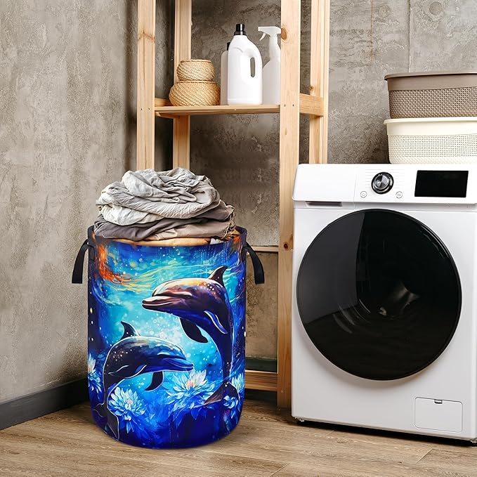 Dolphin Lotus Laundry Basket Ocean Foldable Oxford Cloth With Handle Portable Fish Storage Basket Organizer Suitable For Laundry Room/Living Room/Bedroom/Children'S Room (18.9 X 16.5 Inch)
