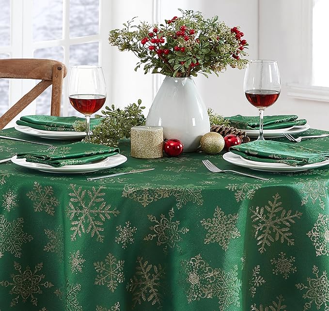 Newbridge Fancy Metallic Snowflake Christmas Fabric Tablecloth, 52 x 52 Inch Square, Hunter Gold, No-Iron Soil Resistant Sparkling Snowflakes Woven Holiday Table Cover