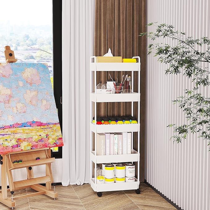 Buzowruil Rolling Storage Cart 5 Tier Organizer Mobile Shelving Unit Storage Rolling Utility Cart with Wheels for Kitchen Bathroom Laundry,White