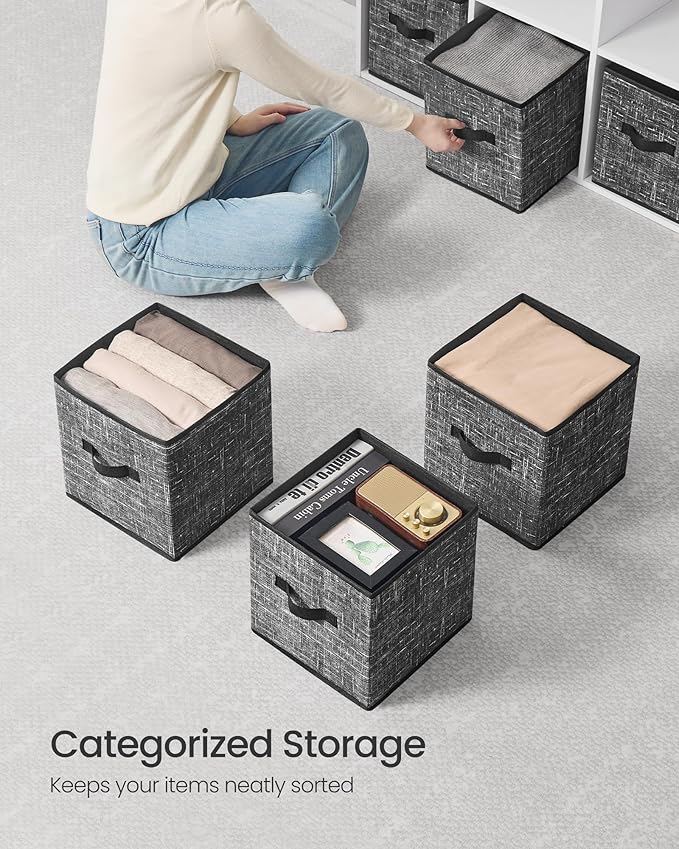 SONGMICS Storage Cubes, 10.2 x 10.2 x 11 Inches Non-Woven Fabric Bins with Double Handles, Set of 10, Closet Organizers for Shelves, Foldable, for Clothes, Ink Black UROB126B01