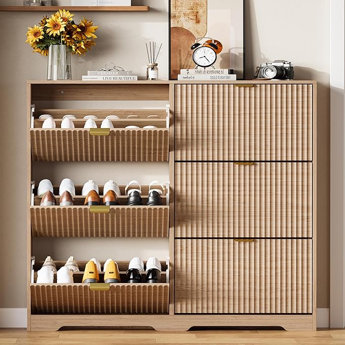 Shoe Cabinet Storage for Entryway with 6 Flip Drawers, Oak Fluted Shoe Cabinet with Adjustable Shelves, Wooden Hidden Shoe Rack Freestanding Narrow Slim Shoes Storage for Hallway, Entrance