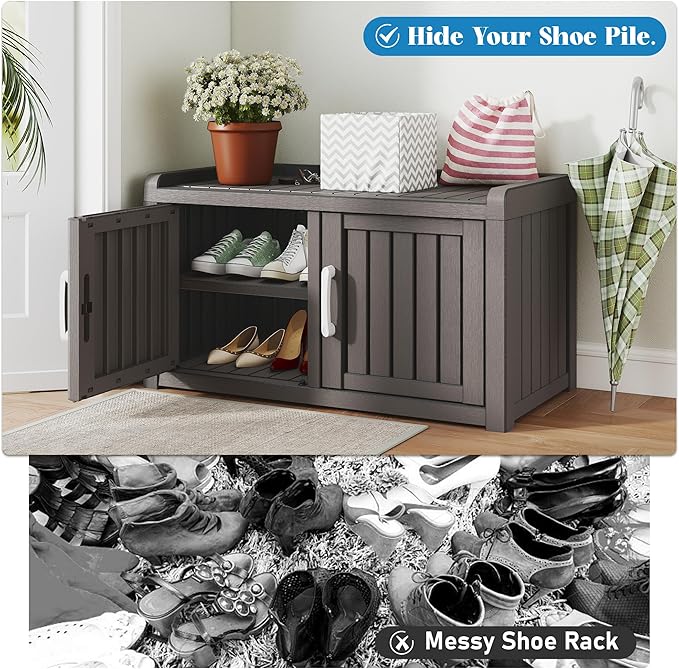 KAMABOKO Shoe Storage Cabinet Waterproof UV-Resistant, Entryway Storage Bench Indoor Outdoor with 2 Barn Doors, Adjustable Shelves for Entryway, Bedroom, Hallway,Living Room(Grey)
