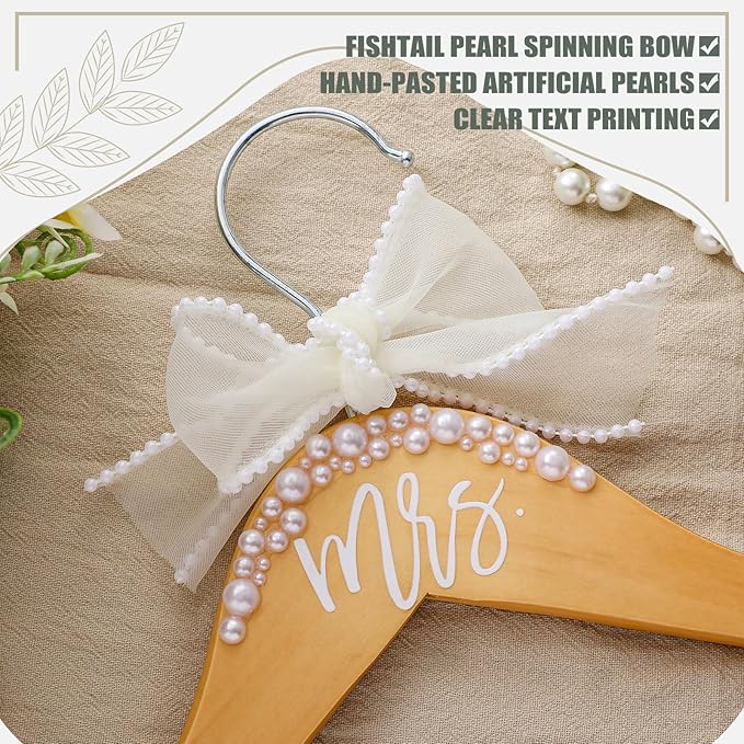 Bride Wedding Dress Pearl Mrs. Hanger with Pearl Ribbon Bow Elegant Wooden Dress Hanger to Be Ideal Keepsake for Wedding Day Gift (Wood Color,Mrs)