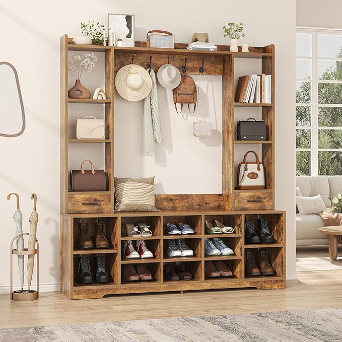 61.6" H White Hall Tree with Bench and Shoe Storage, 6-in-1 Multi-Functional Entryway Bench with 2 Drawers, 5 Coat Racks, Shoe Rack with 13 Shoe Cubbies, Entryway Storage Organizer, Brown