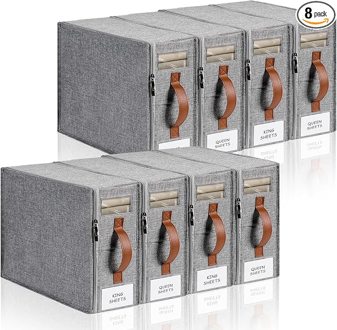 8pack Bed Sheet Organizer, Foldable Linen Closet Organizers and Storage with Sealed Design, Queen & King Size Sheet Storage with Window, Closet Organizer for Bedsheets/Blankets/Clothes, Linen