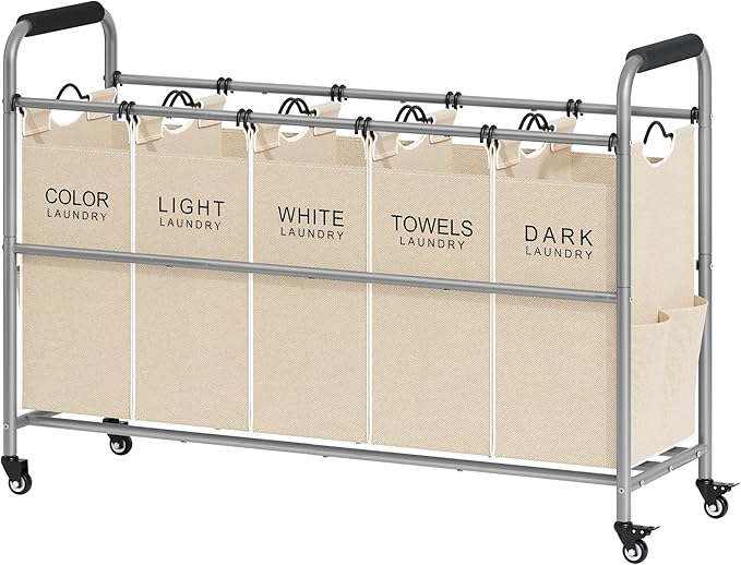 Tajsoon Laundry Sorter 5 Sections, Laundry Hamper with Heavy Duty Lockable Wheels and Removable Bags, 5 Bag Rolling Laundry Sorter Cart for Dirty Clothes Storage, Laundry Separator Hamper, Beige