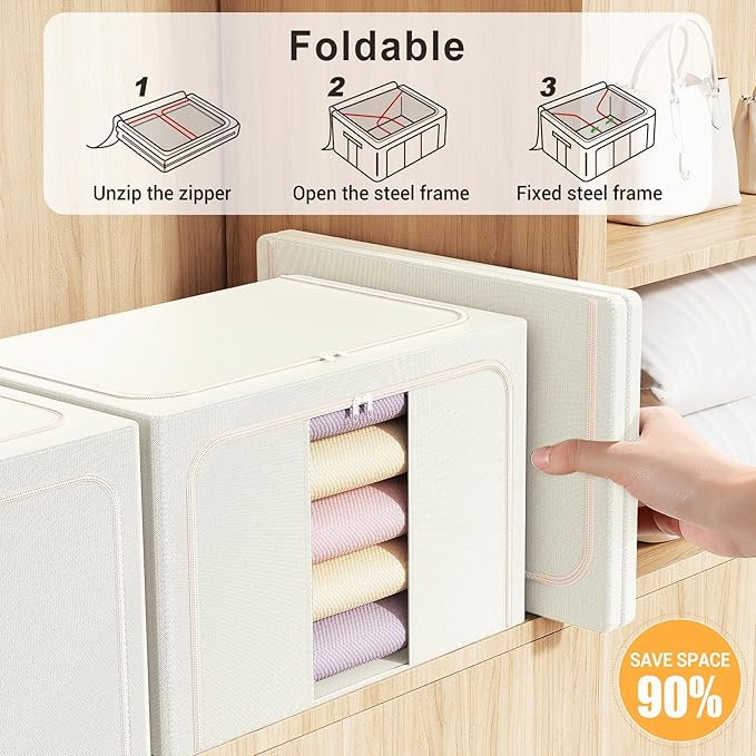 Clothes Storage Bins with Metal Frame Foldable Storage Box Clothes Organizers Storage Containers for Clothes Sheets Blankets Books Toys Gifts and Holiday Decorations (100Lx3 Pack) Beige