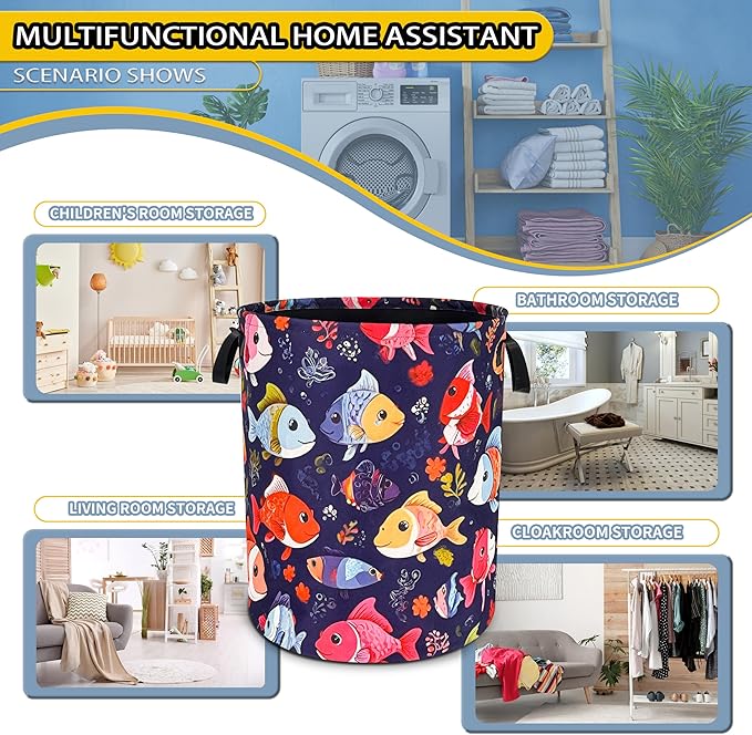Fish Laundry Basket Funny Cartoon Foldable Oxford Cloth Tote Bag Laundry Hamper Clothes Storage Bucket Toy Organizer For Bathroom/Laundry Storage/Bedroom 18.9x16.5 Inch