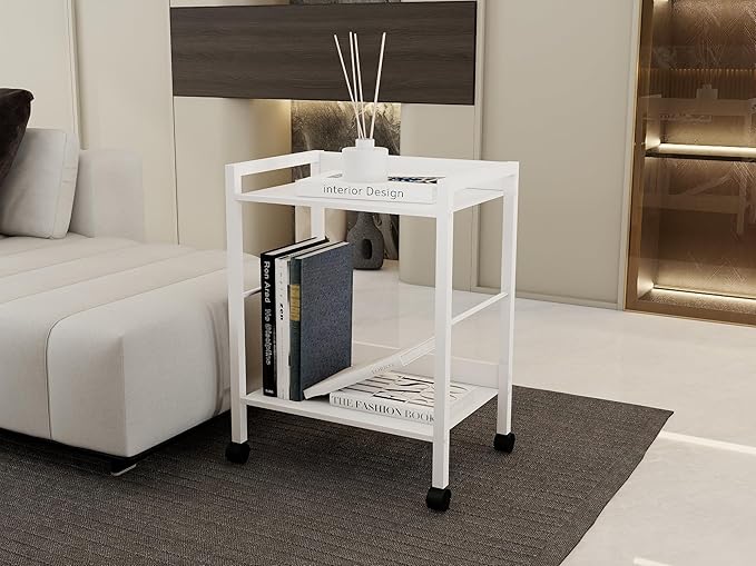 2-Tier Rolling Utility Cart with White Shelves and White Metal Frame, Industrial Mobile Storage Trolley on Wheels for Kitchen, Office, Bathroom, Living Room