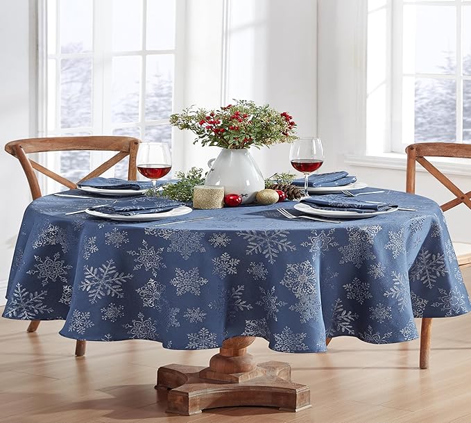 Newbridge Fancy Metallic Snowflake Christmas Fabric Tablecloth, 60 x 84 Inch Oval, Navy Silver, No-Iron Soil Resistant Sparkling Snowflakes Woven Holiday Table Cover