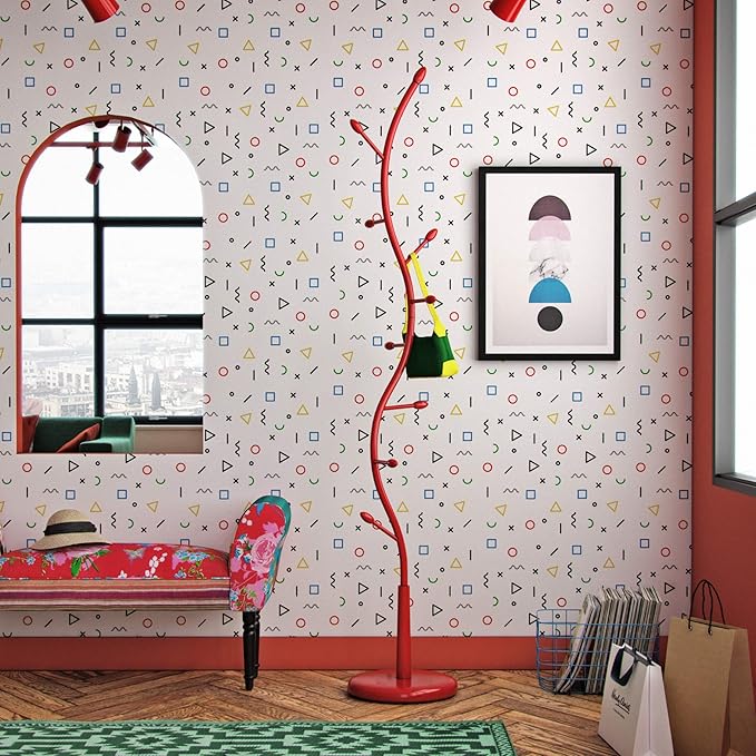 Versa Swindon Minimalist Style Coat Rack, with 9 hooks for clothing or bags for the Hall, Measurements (H x L x W) 185 x 32 x 32 cm, Metal, Colour Red
