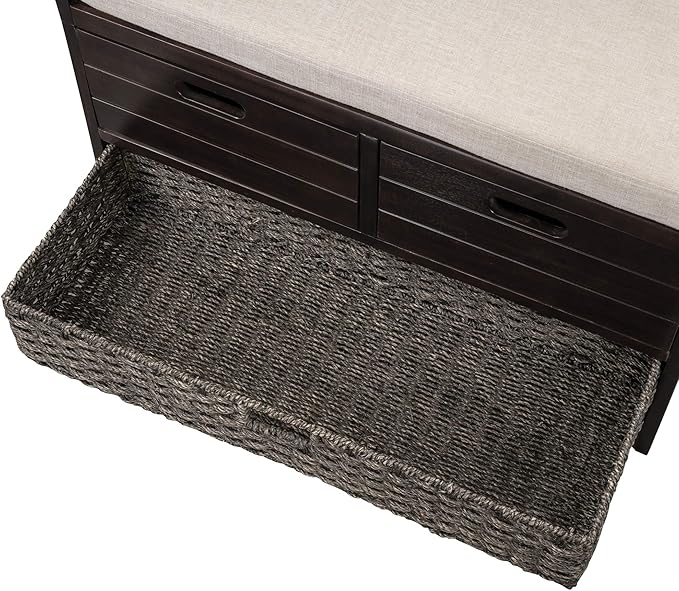 SOFTSEA Storage Bench Upholstered Storage Ottoman with Removable Basket and 2 Drawers, Farmhouse Shoe Bench with Seat Cushion, Full Assembled, Espresso