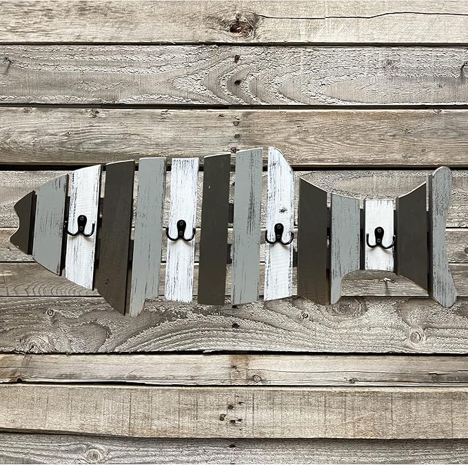 Coatrack FISH with metal hooks Shaped Fish Coat Rack Stained BLUE Brown Cream White Grey Taupe Nautical Lake Beach Ocean Sea Wall Home Decor