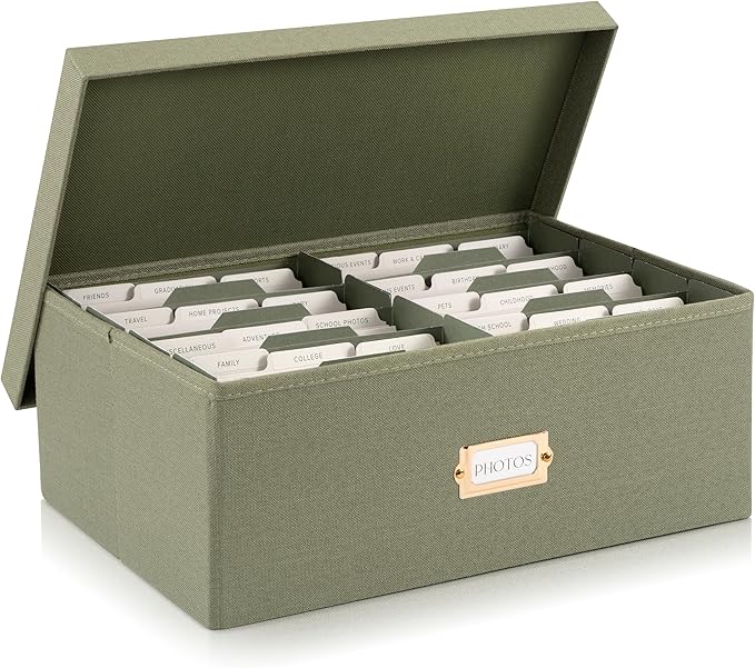 ZICOTO Decorative Photo Storage Box - Sturdy Linen Photo Organizer with Dividers is Perfect to Store Up to 1700 Pictures and 5x7 Photos - Portable Scrapbook Storage Containers with Lid
