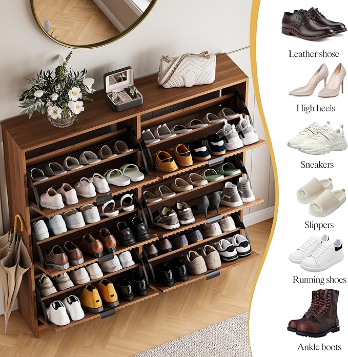 Shoe Cabinet Storage for Entryway with 6 Flip Drawers, Walnut Fluted Shoe Cabinet with Adjustable Shelves, Wooden Hidden Shoe Rack Freestanding Narrow Slim Shoes Storage for Hallway, Entrance